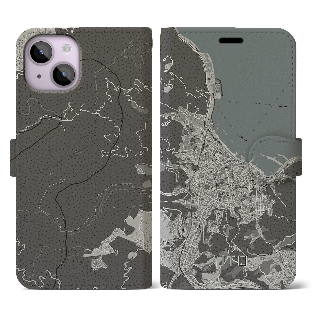【伊東(静岡県)】地図柄iPhoneケース(手帳タイプ)モノトーン・iPhone 14 用