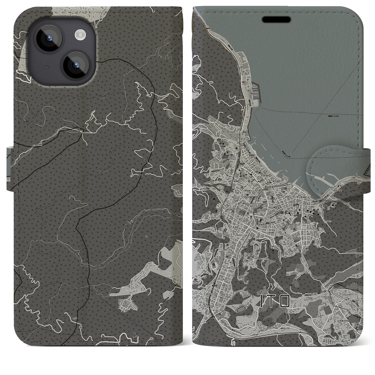 【伊東(静岡県)】地図柄iPhoneケース(手帳タイプ)モノトーン・iPhone 14 Plus 用