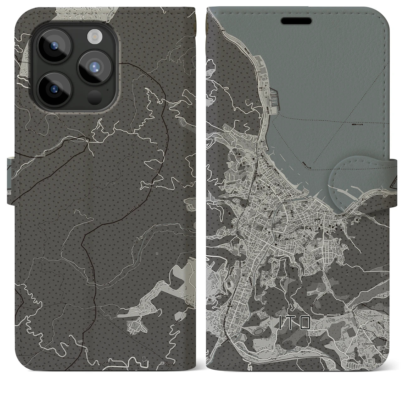 【伊東(静岡県)】地図柄iPhoneケース(手帳タイプ)モノトーン・iPhone 15 Pro Max 用