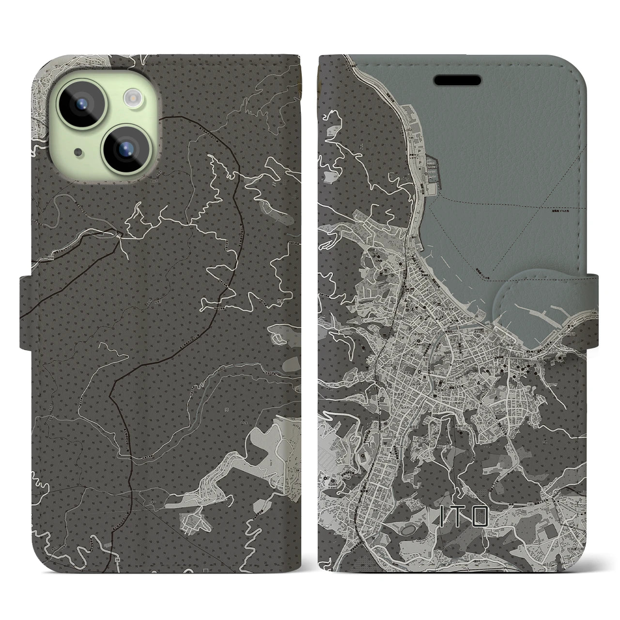 【伊東(静岡県)】地図柄iPhoneケース(手帳タイプ)モノトーン・iPhone 15 用