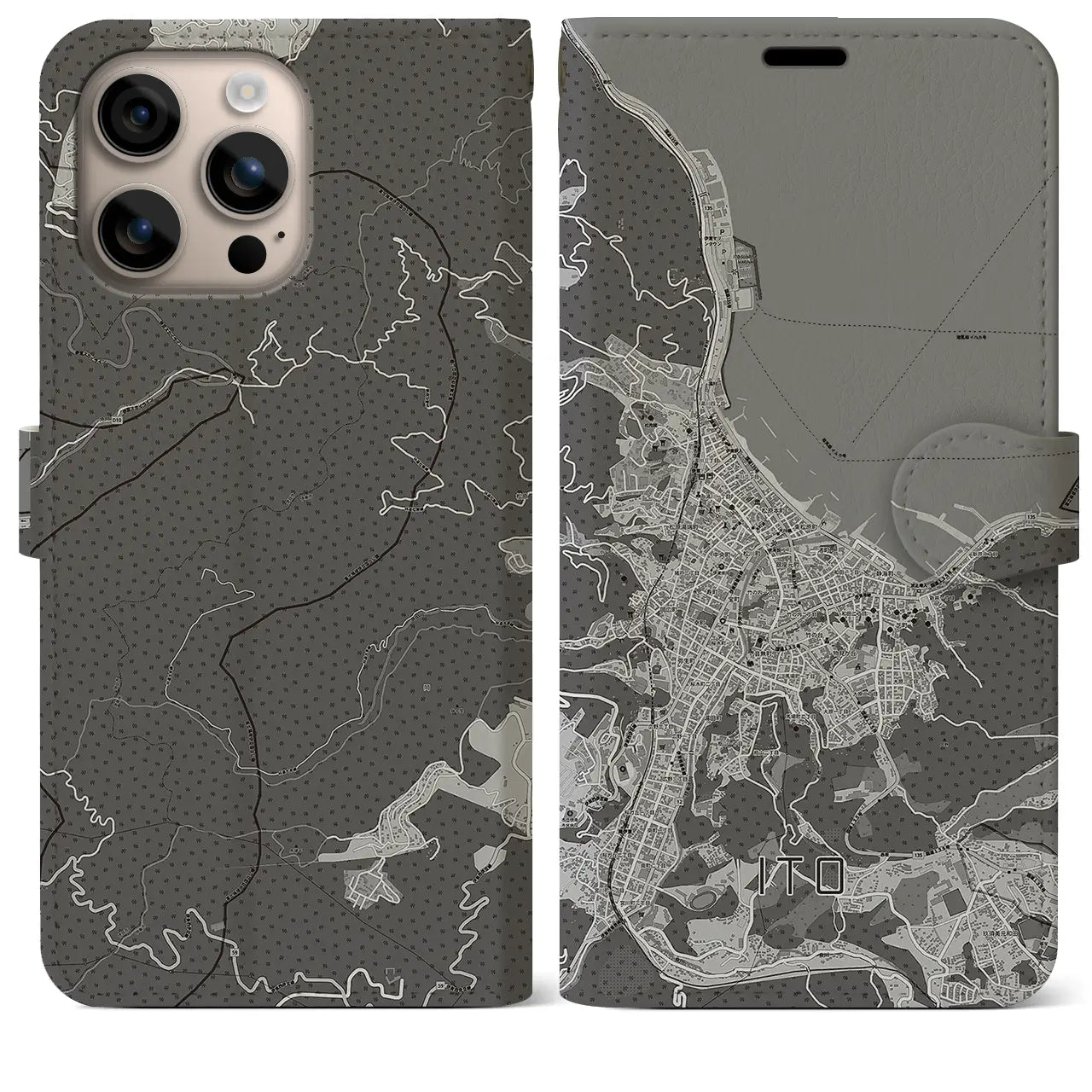 【伊東(静岡県)】地図柄iPhoneケース(手帳タイプ)モノトーン・iPhone 16 Plus 用