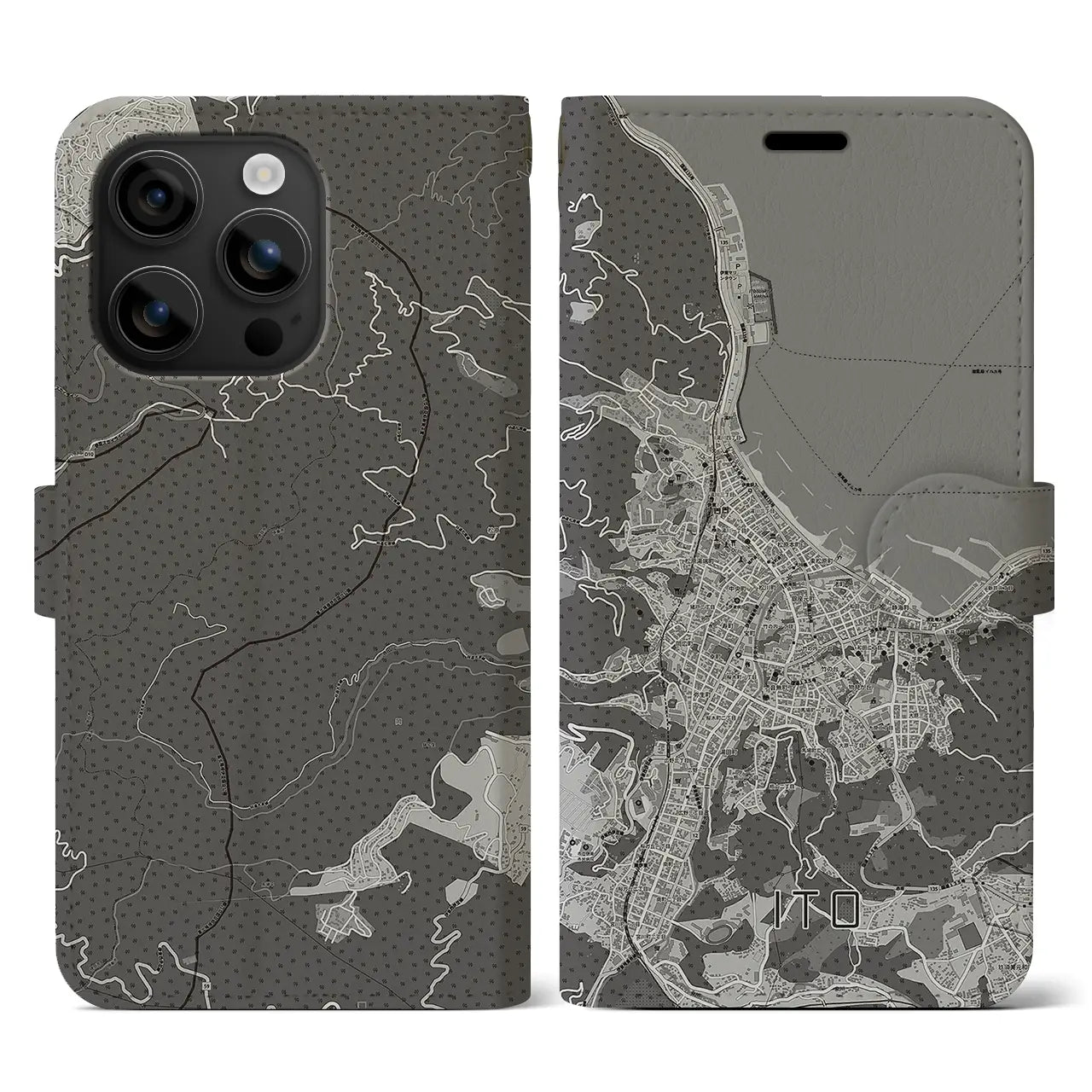 【伊東(静岡県)】地図柄iPhoneケース(手帳タイプ)モノトーン・iPhone 16 用