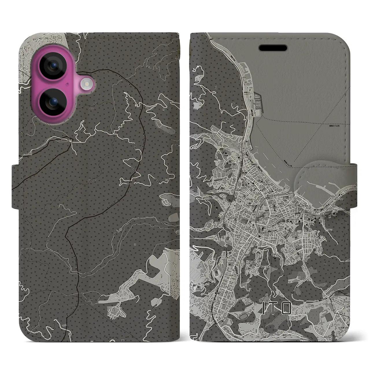 【伊東(静岡県)】地図柄iPhoneケース(手帳タイプ)モノトーン・iPhone 16 Pro 用