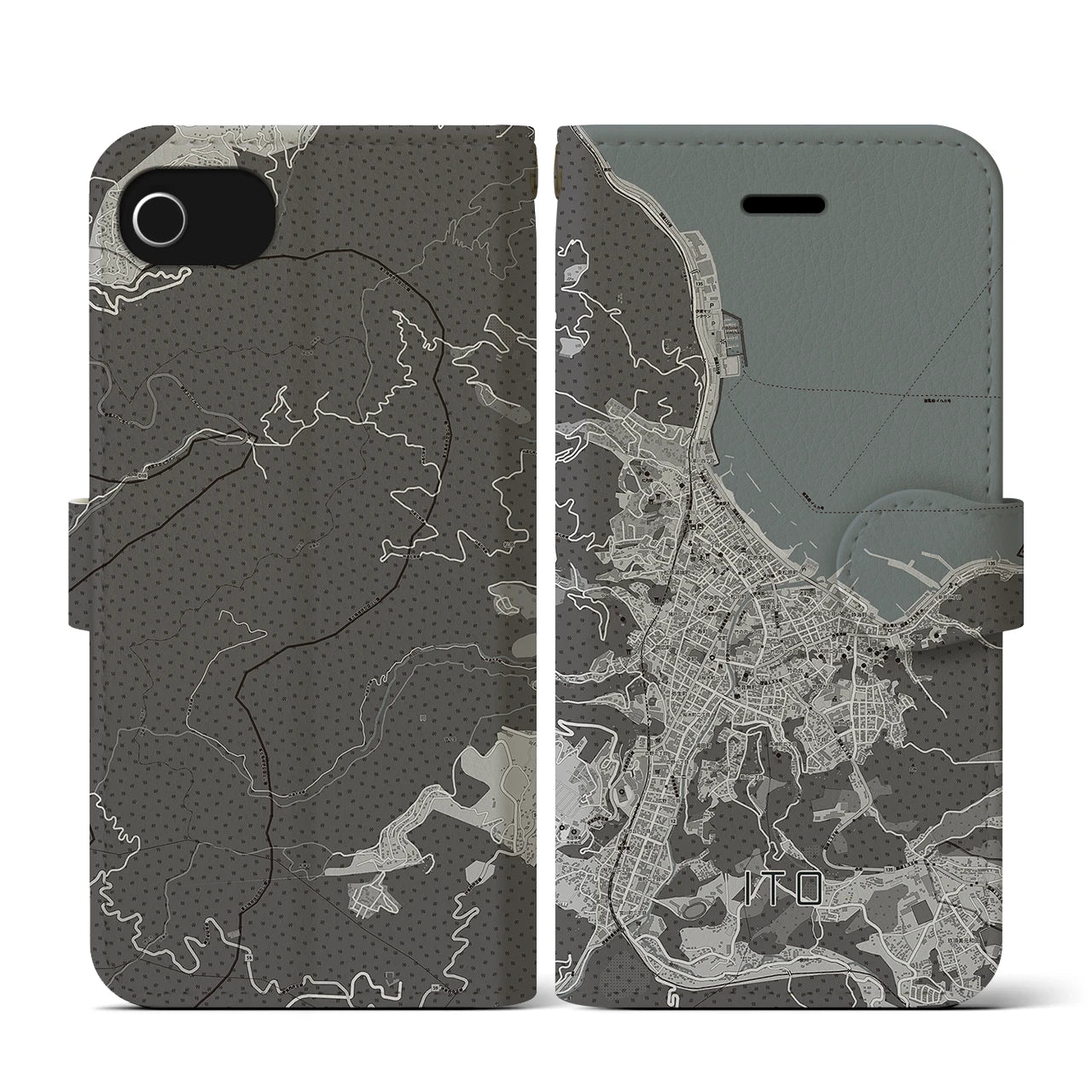 【伊東(静岡県)】地図柄iPhoneケース(手帳タイプ)モノトーン・iPhone SE(第3 / 第2世代) / 8 / 7 / 6s / 6 用
