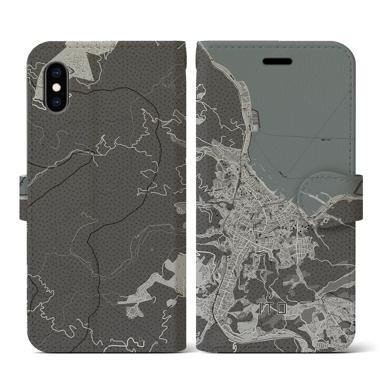 【伊東(静岡県)】地図柄iPhoneケース(手帳タイプ)モノトーン・iPhone XS / X 用
