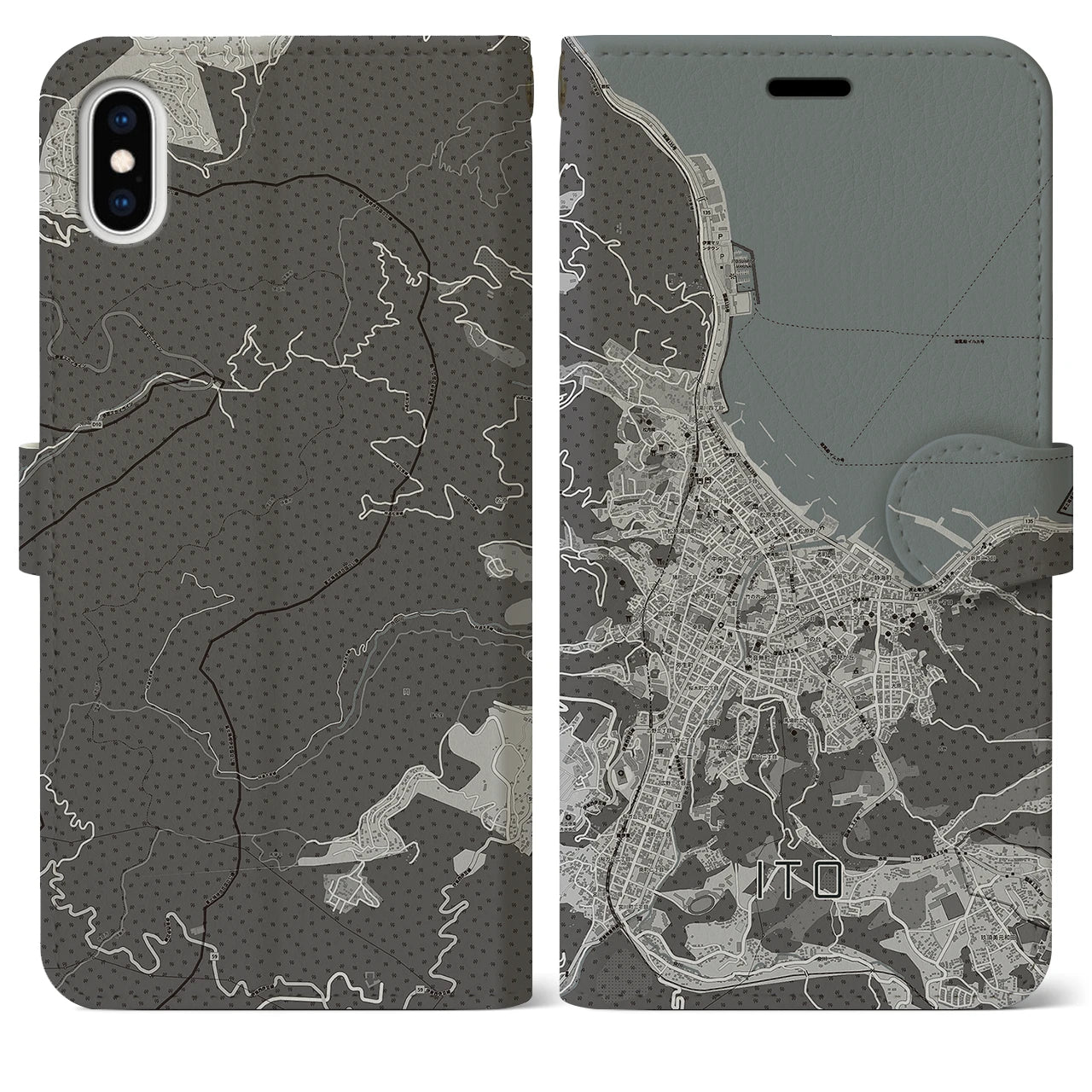 【伊東(静岡県)】地図柄iPhoneケース(手帳タイプ)モノトーン・iPhone XS Max 用