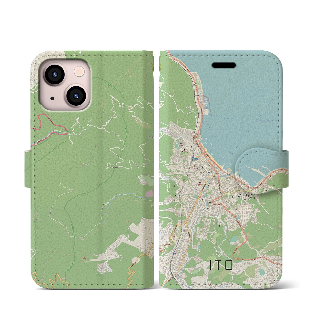【伊東(静岡県)】地図柄iPhoneケース(手帳タイプ)ナチュラル・iPhone 13 mini 用