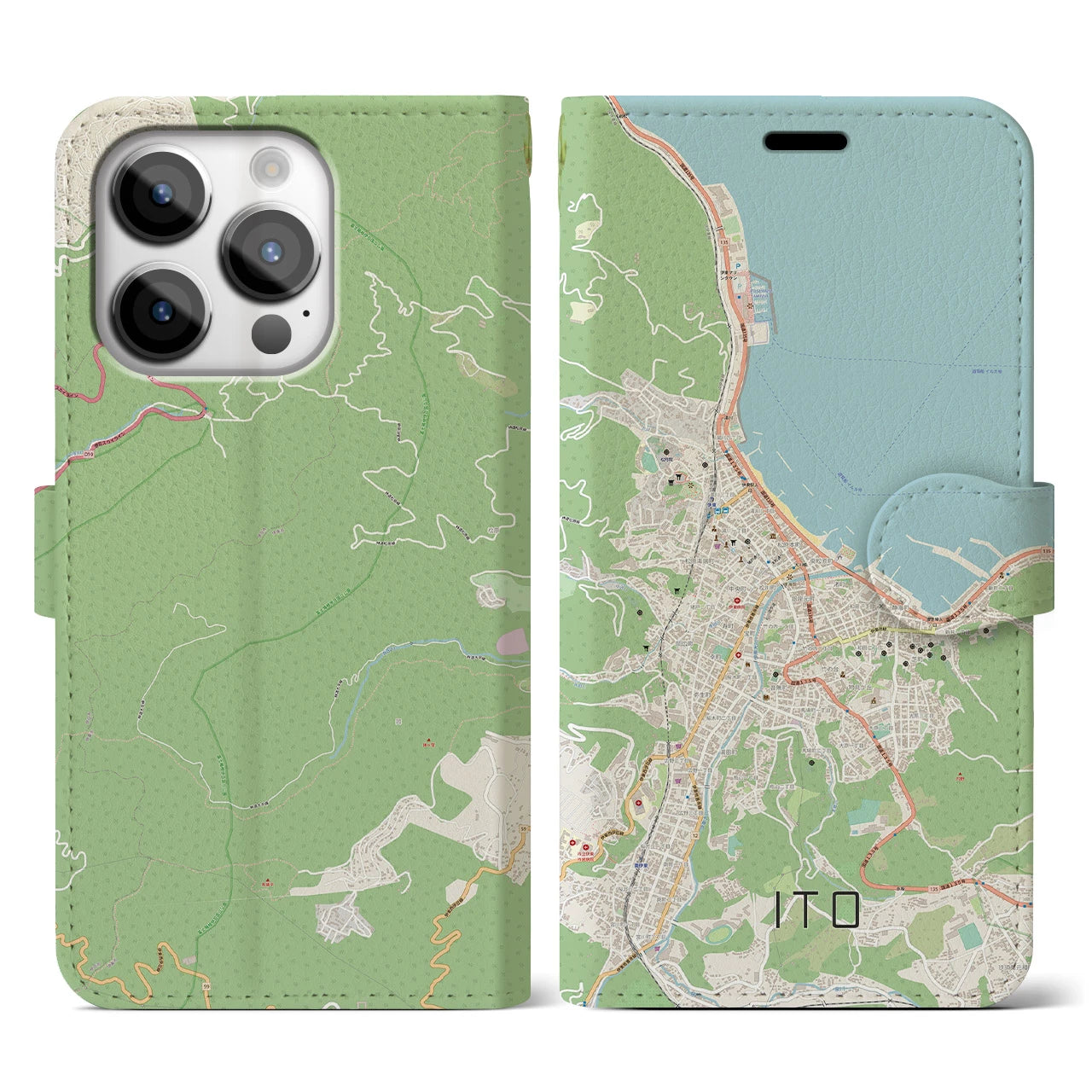 【伊東(静岡県)】地図柄iPhoneケース(手帳タイプ)ナチュラル・iPhone 14 Pro 用