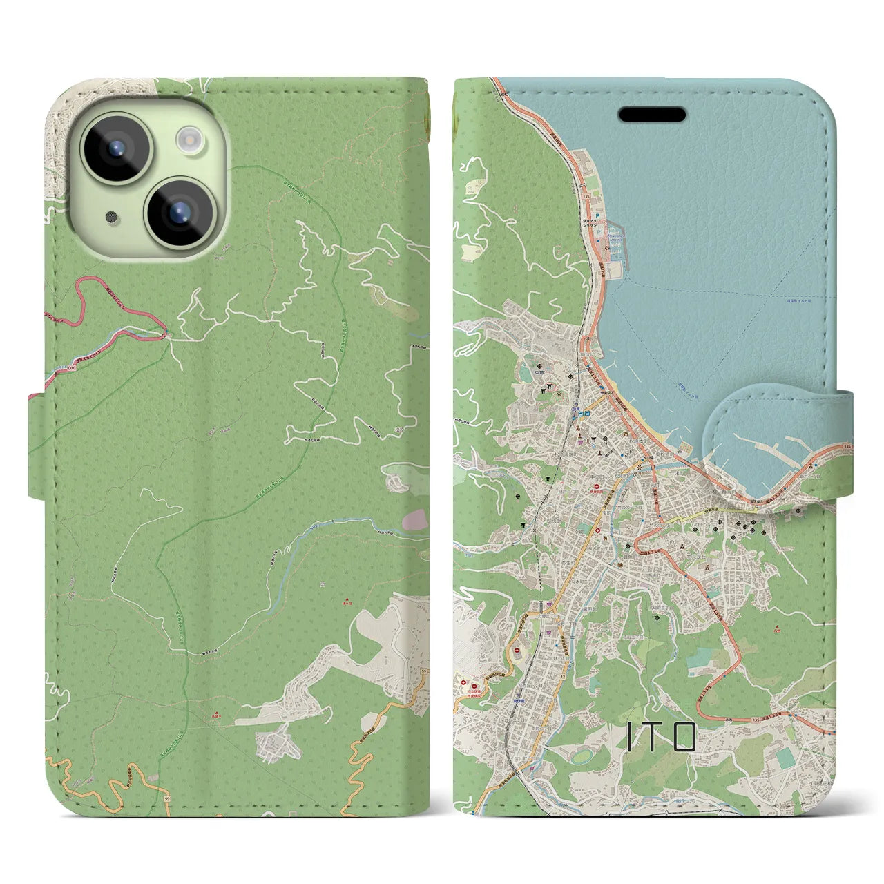 【伊東(静岡県)】地図柄iPhoneケース(手帳タイプ)ナチュラル・iPhone 15 用