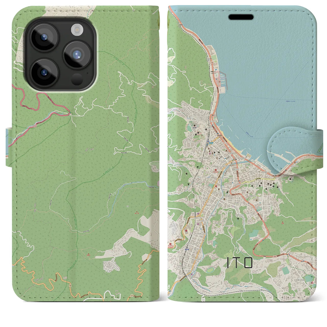 【伊東(静岡県)】地図柄iPhoneケース(手帳タイプ)ナチュラル・iPhone 15 Pro Max 用