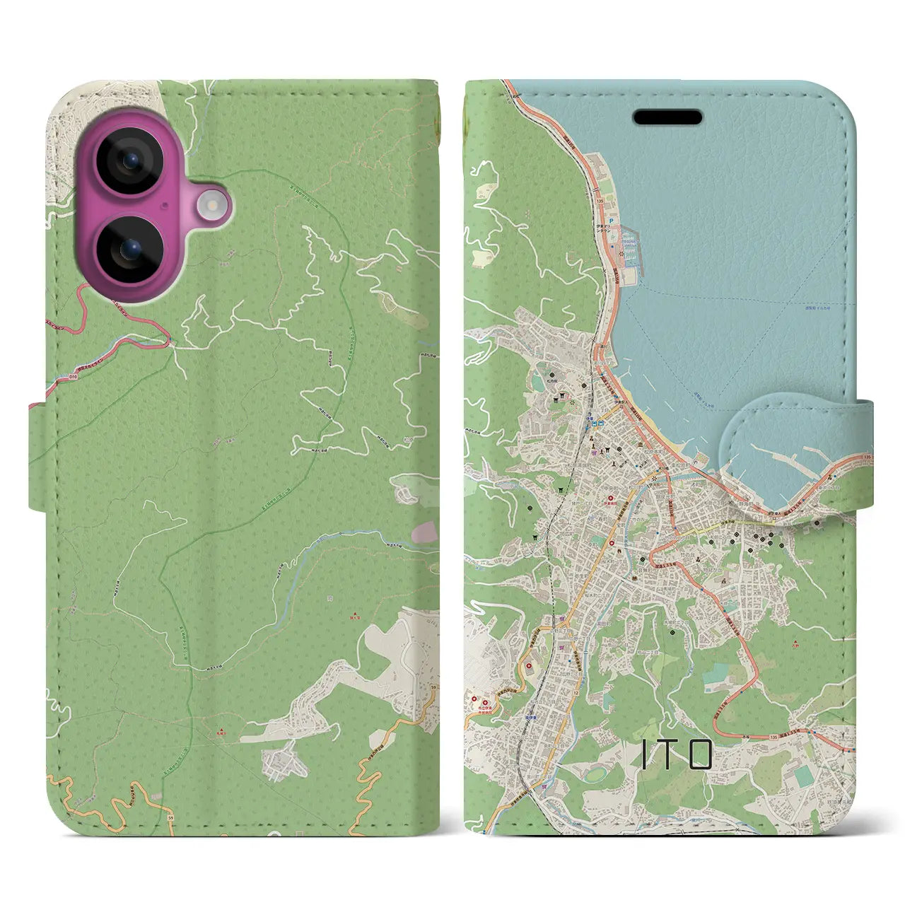 【伊東(静岡県)】地図柄iPhoneケース(手帳タイプ)ナチュラル・iPhone 16 Pro 用