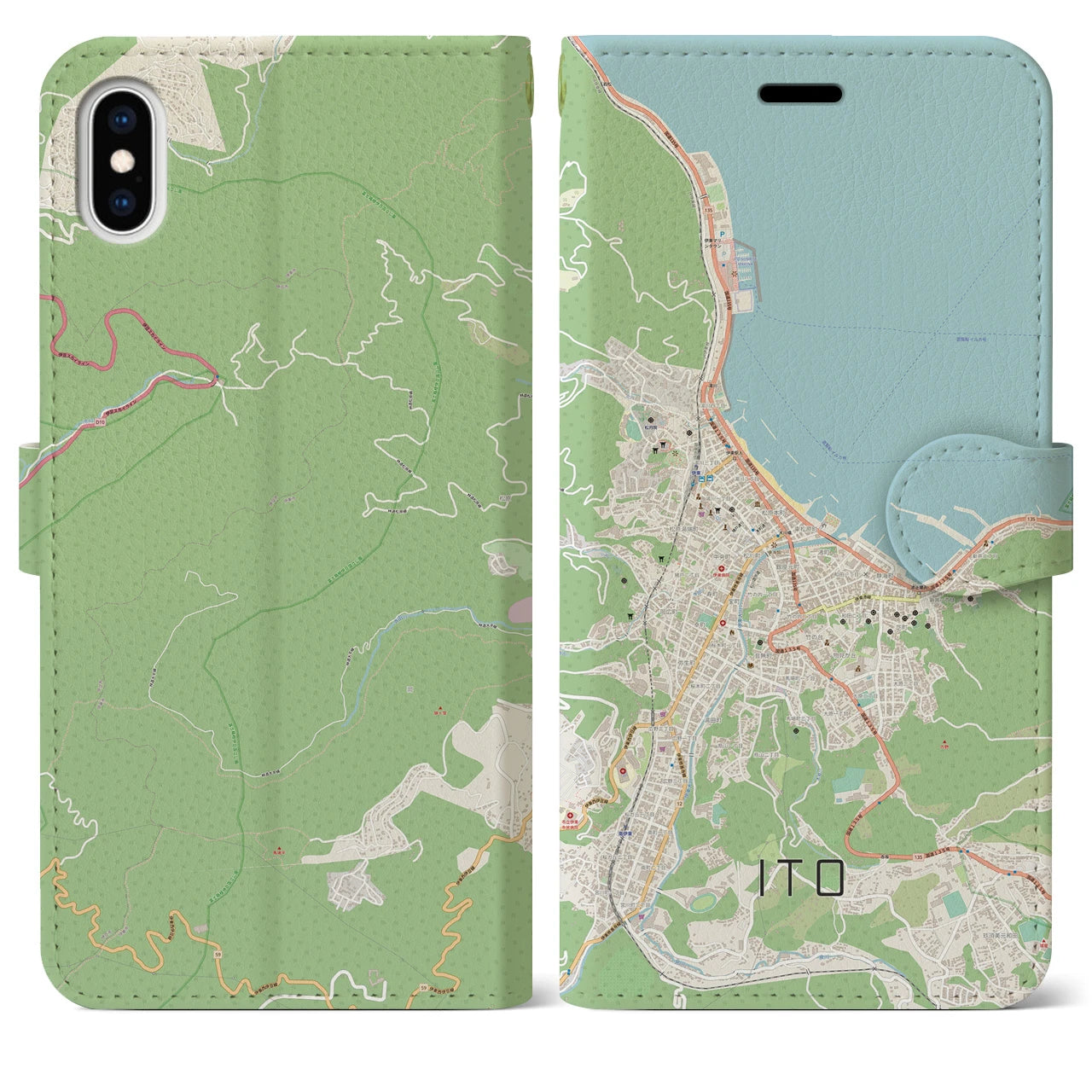 【伊東(静岡県)】地図柄iPhoneケース(手帳タイプ)ナチュラル・iPhone XS Max 用