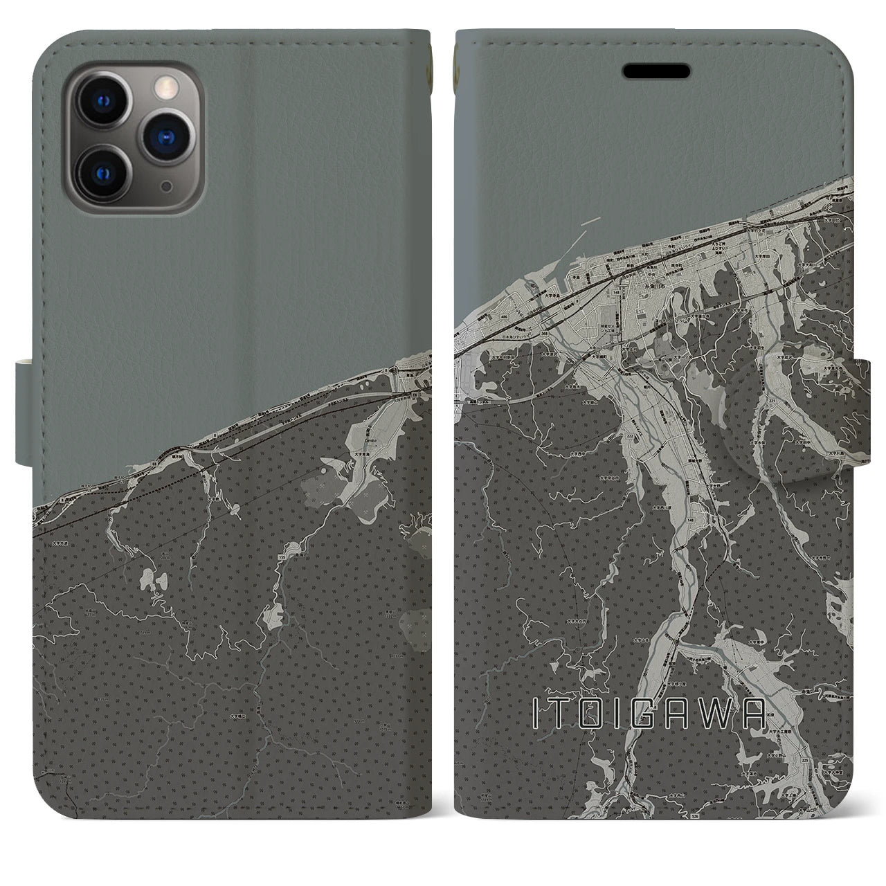 【糸魚川(新潟県)】地図柄iPhoneケース(手帳タイプ)モノトーン・iPhone 11 Pro Max 用