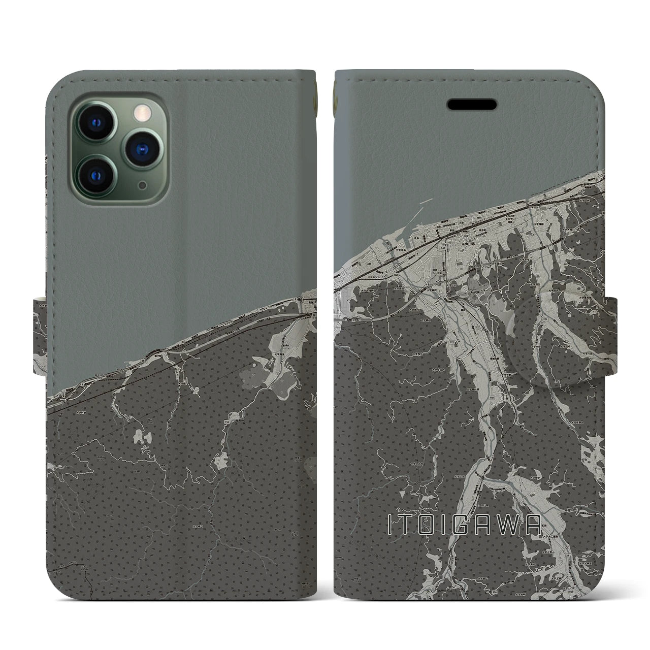 【糸魚川(新潟県)】地図柄iPhoneケース(手帳タイプ)モノトーン・iPhone 11 Pro 用