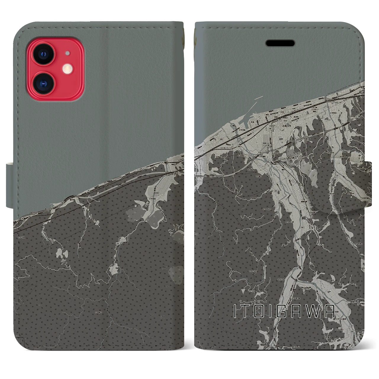 【糸魚川(新潟県)】地図柄iPhoneケース(手帳タイプ)モノトーン・iPhone 11 用