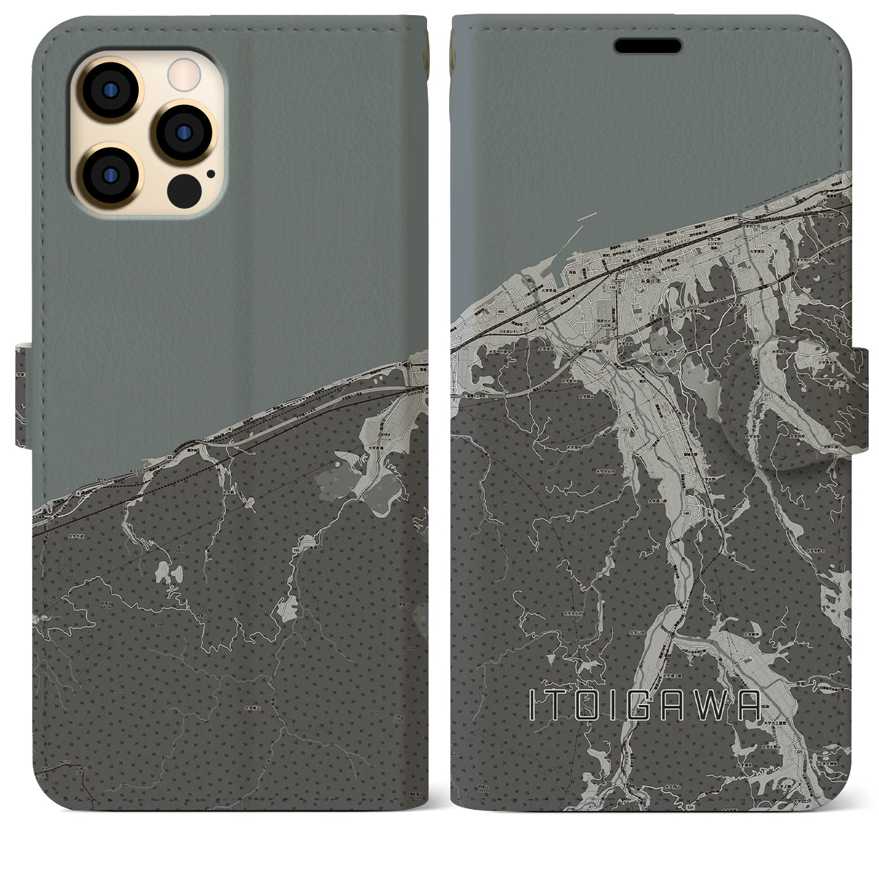 【糸魚川(新潟県)】地図柄iPhoneケース(手帳タイプ)モノトーン・iPhone 12 Pro Max 用