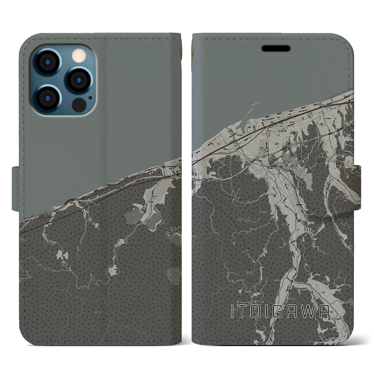 【糸魚川(新潟県)】地図柄iPhoneケース(手帳タイプ)モノトーン・iPhone 12 / 12 Pro 用