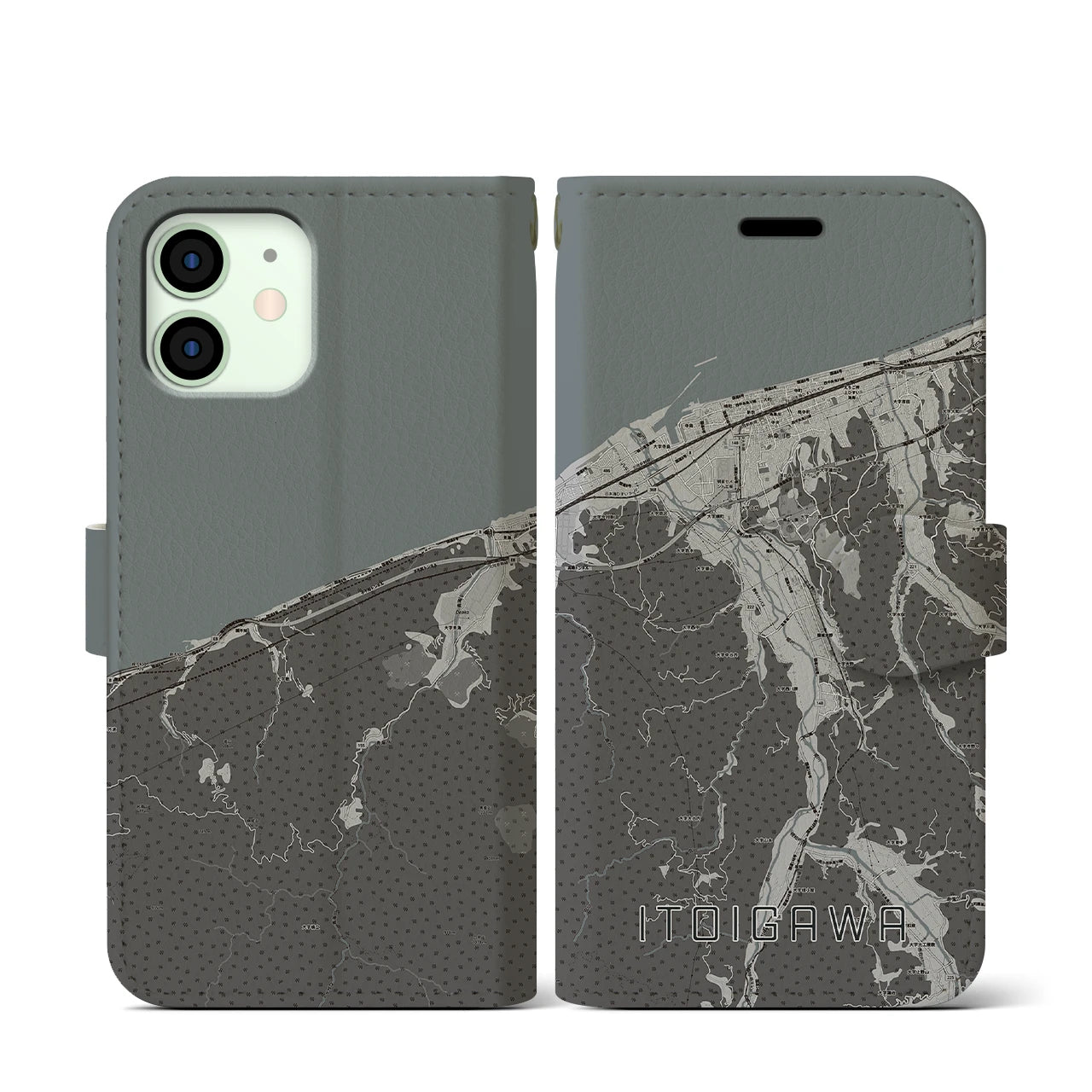 【糸魚川(新潟県)】地図柄iPhoneケース(手帳タイプ)モノトーン・iPhone 12 mini 用