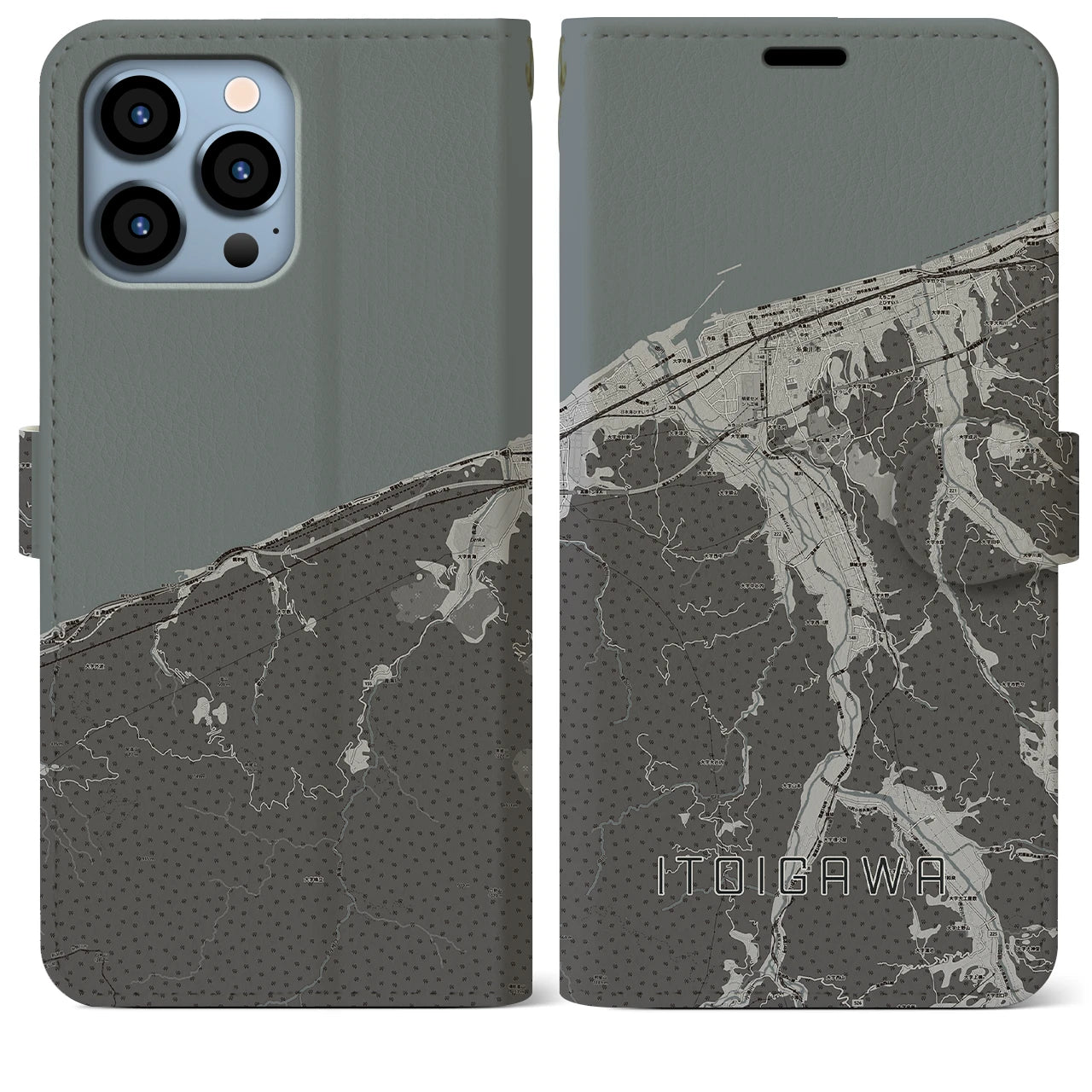 【糸魚川(新潟県)】地図柄iPhoneケース(手帳タイプ)モノトーン・iPhone 13 Pro Max 用