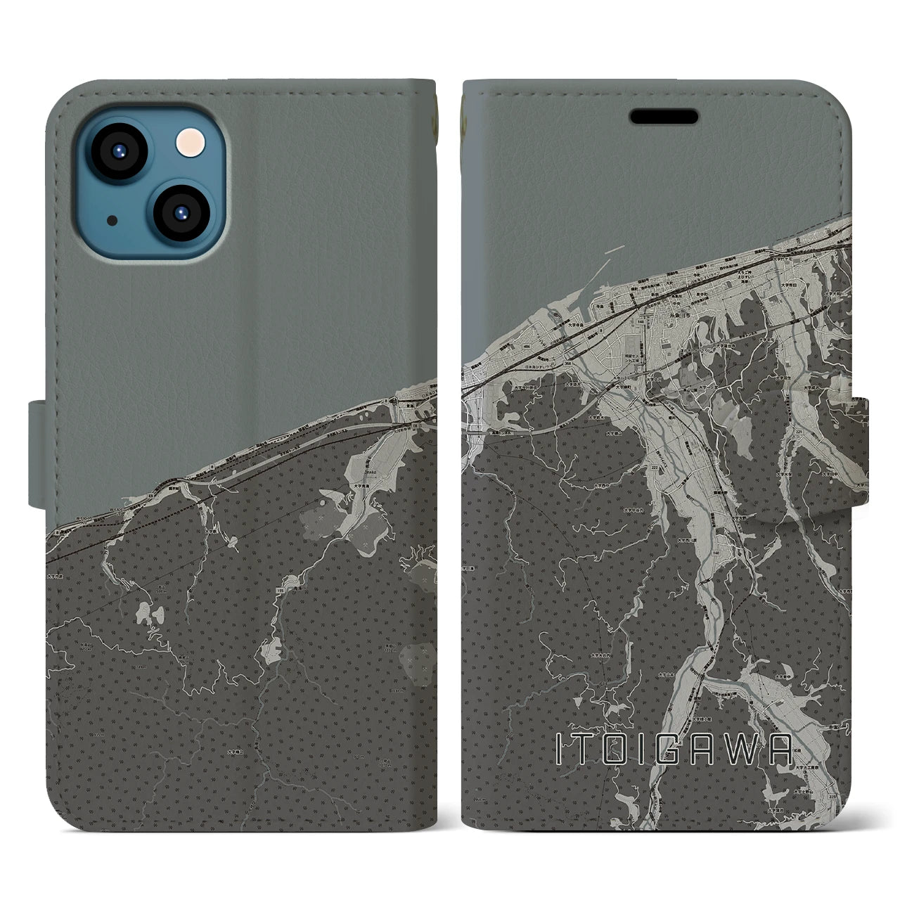 【糸魚川(新潟県)】地図柄iPhoneケース(手帳タイプ)モノトーン・iPhone 13 用