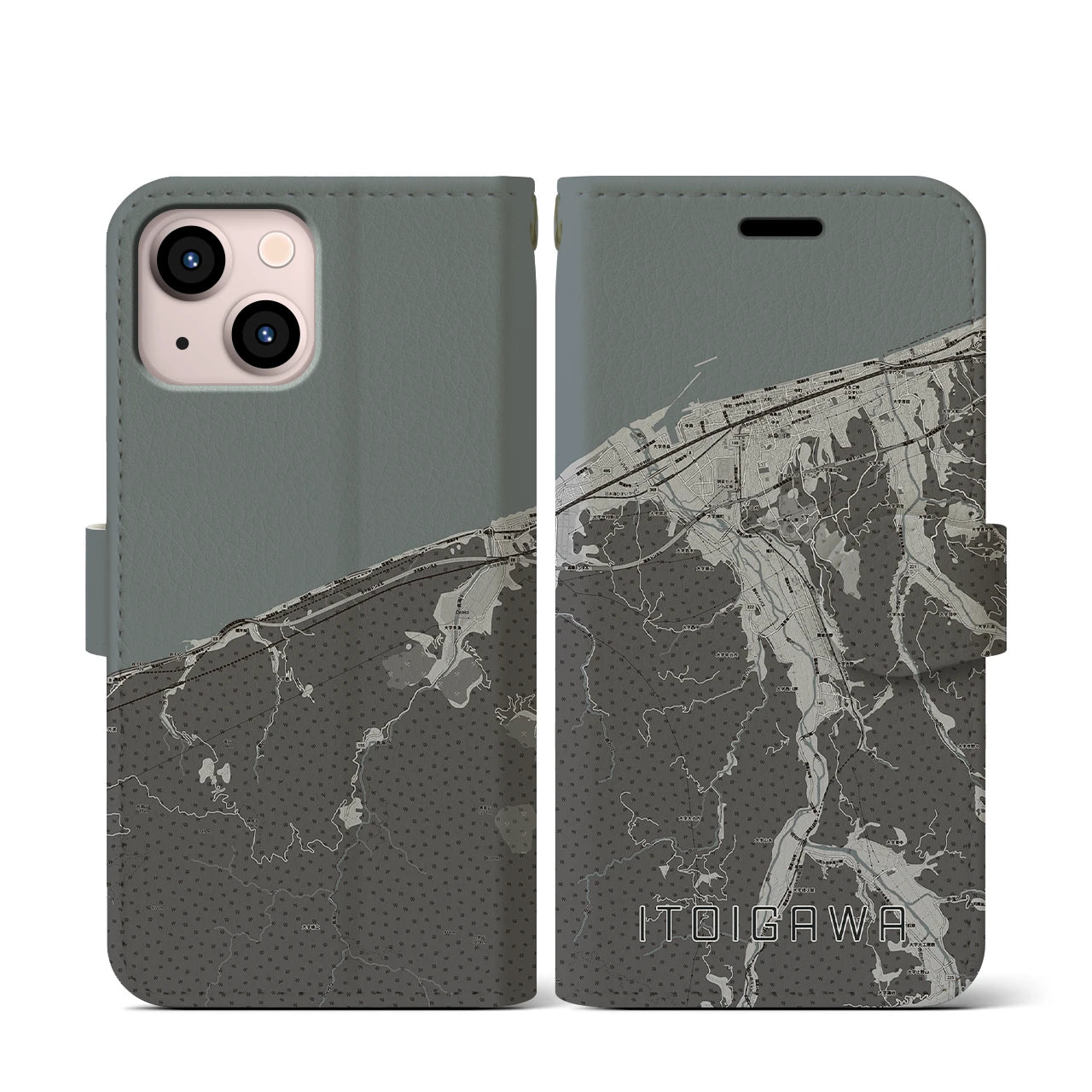 【糸魚川(新潟県)】地図柄iPhoneケース(手帳タイプ)モノトーン・iPhone 13 mini 用