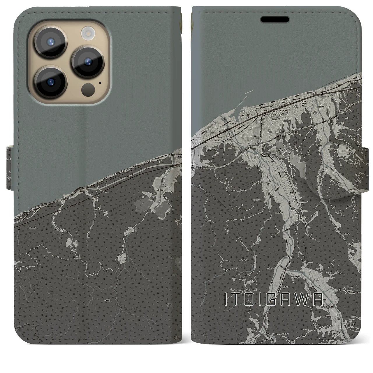 【糸魚川(新潟県)】地図柄iPhoneケース(手帳タイプ)モノトーン・iPhone 14 Pro Max 用
