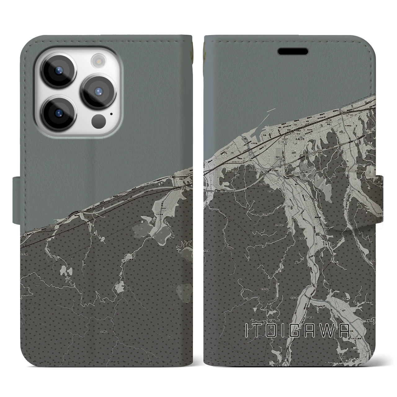 【糸魚川(新潟県)】地図柄iPhoneケース(手帳タイプ)モノトーン・iPhone 14 Pro 用