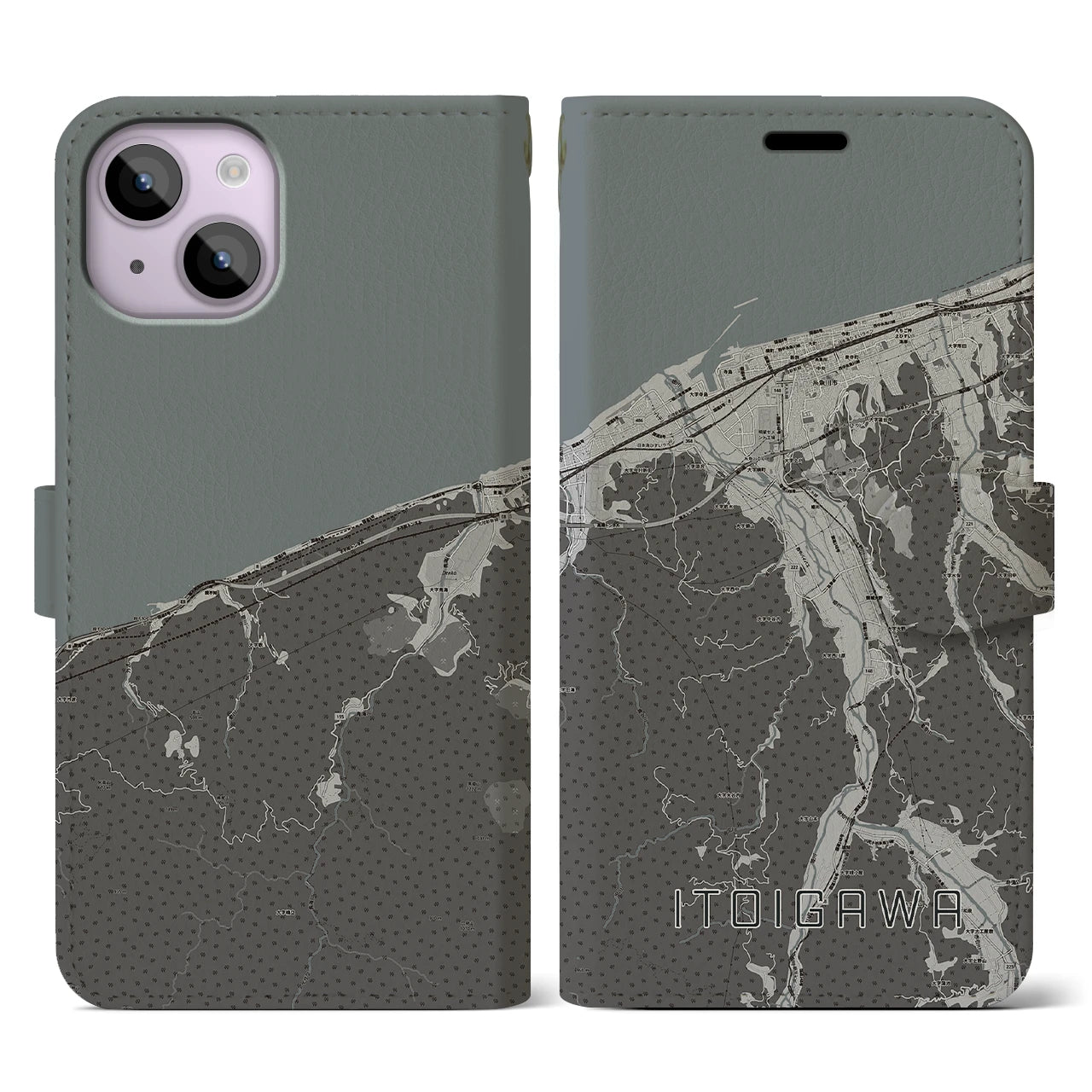 【糸魚川(新潟県)】地図柄iPhoneケース(手帳タイプ)モノトーン・iPhone 14 用