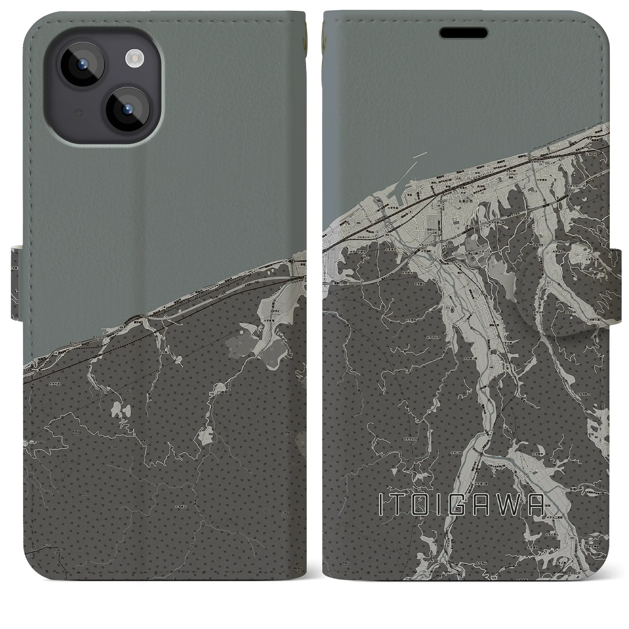 【糸魚川(新潟県)】地図柄iPhoneケース(手帳タイプ)モノトーン・iPhone 14 Plus 用