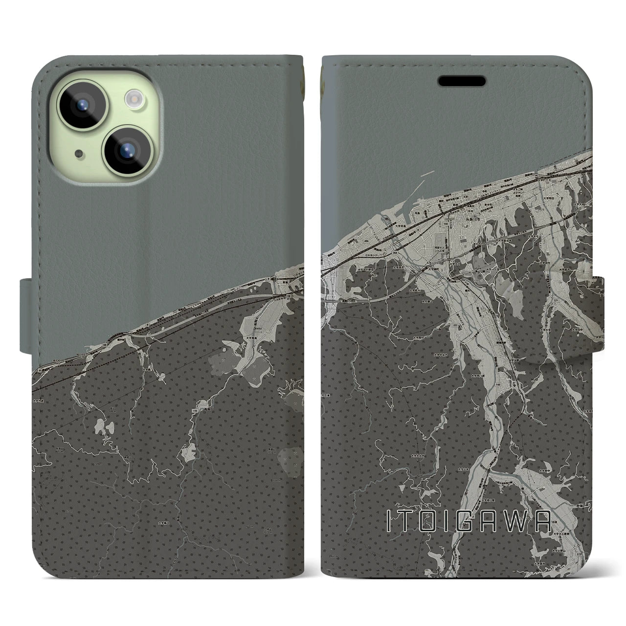 【糸魚川(新潟県)】地図柄iPhoneケース(手帳タイプ)モノトーン・iPhone 15 用