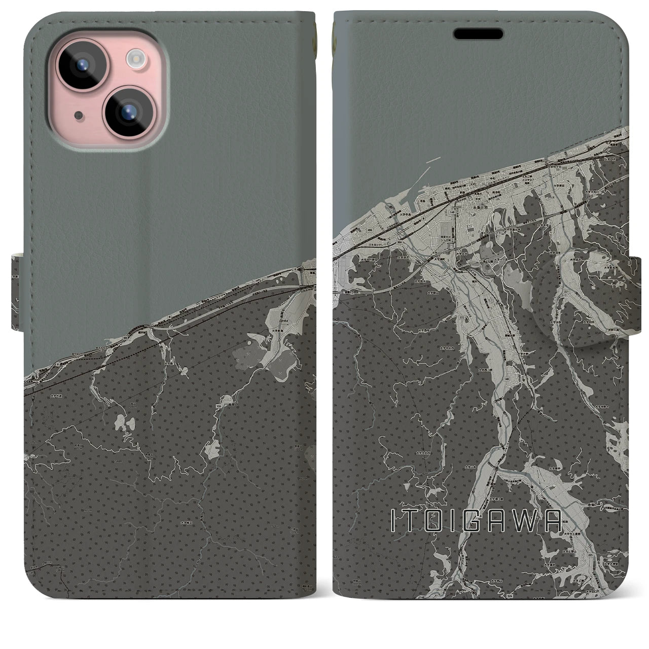 【糸魚川(新潟県)】地図柄iPhoneケース(手帳タイプ)モノトーン・iPhone 15 Plus 用