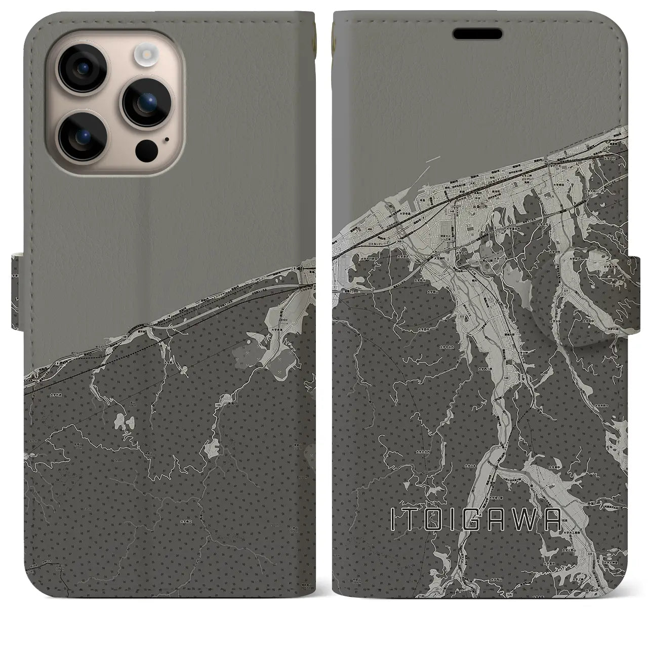 【糸魚川(新潟県)】地図柄iPhoneケース(手帳タイプ)モノトーン・iPhone 16 Plus 用