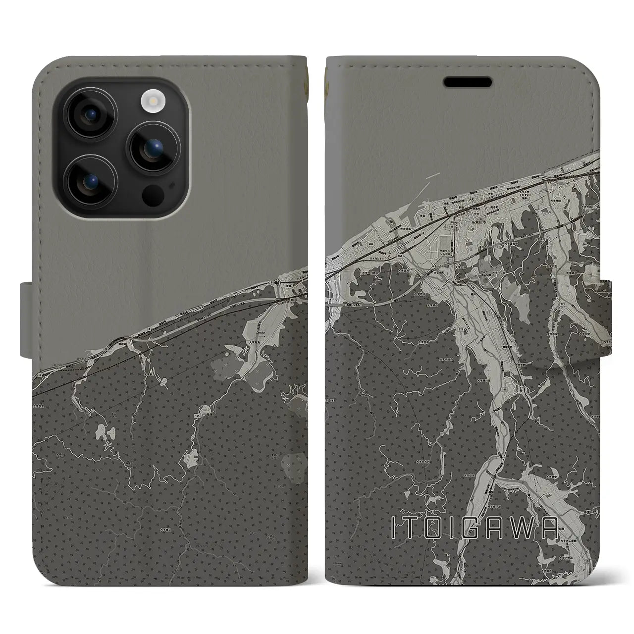 【糸魚川(新潟県)】地図柄iPhoneケース(手帳タイプ)モノトーン・iPhone 16 用