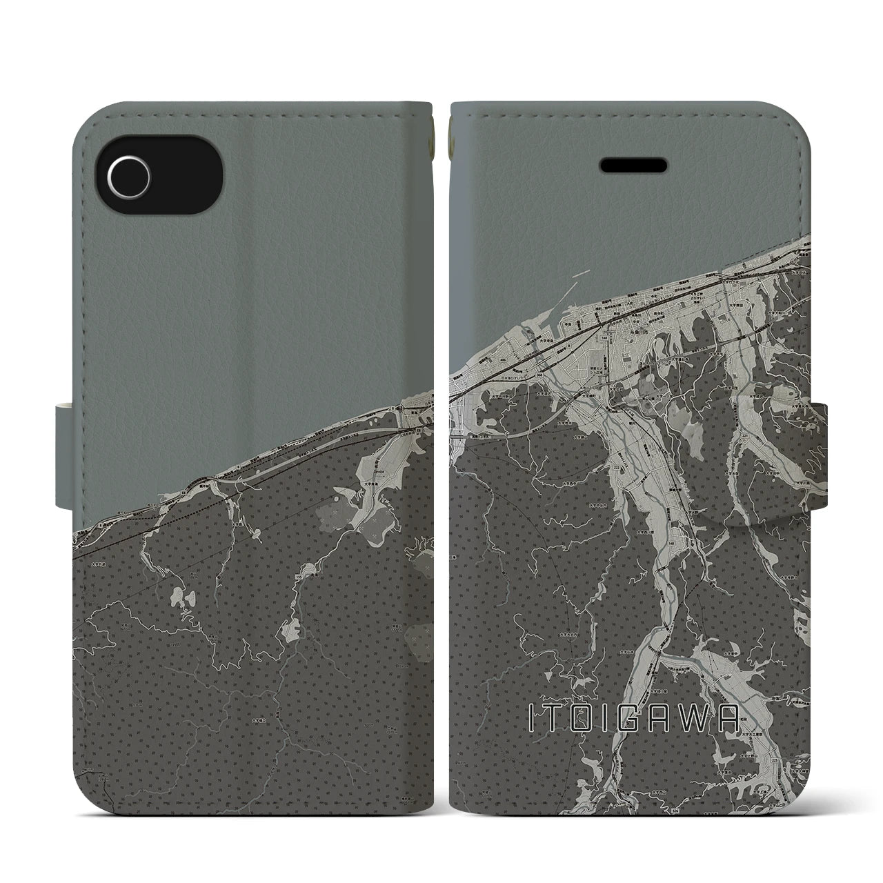 【糸魚川(新潟県)】地図柄iPhoneケース(手帳タイプ)モノトーン・iPhone SE(第3 / 第2世代) / 8 / 7 / 6s / 6 用