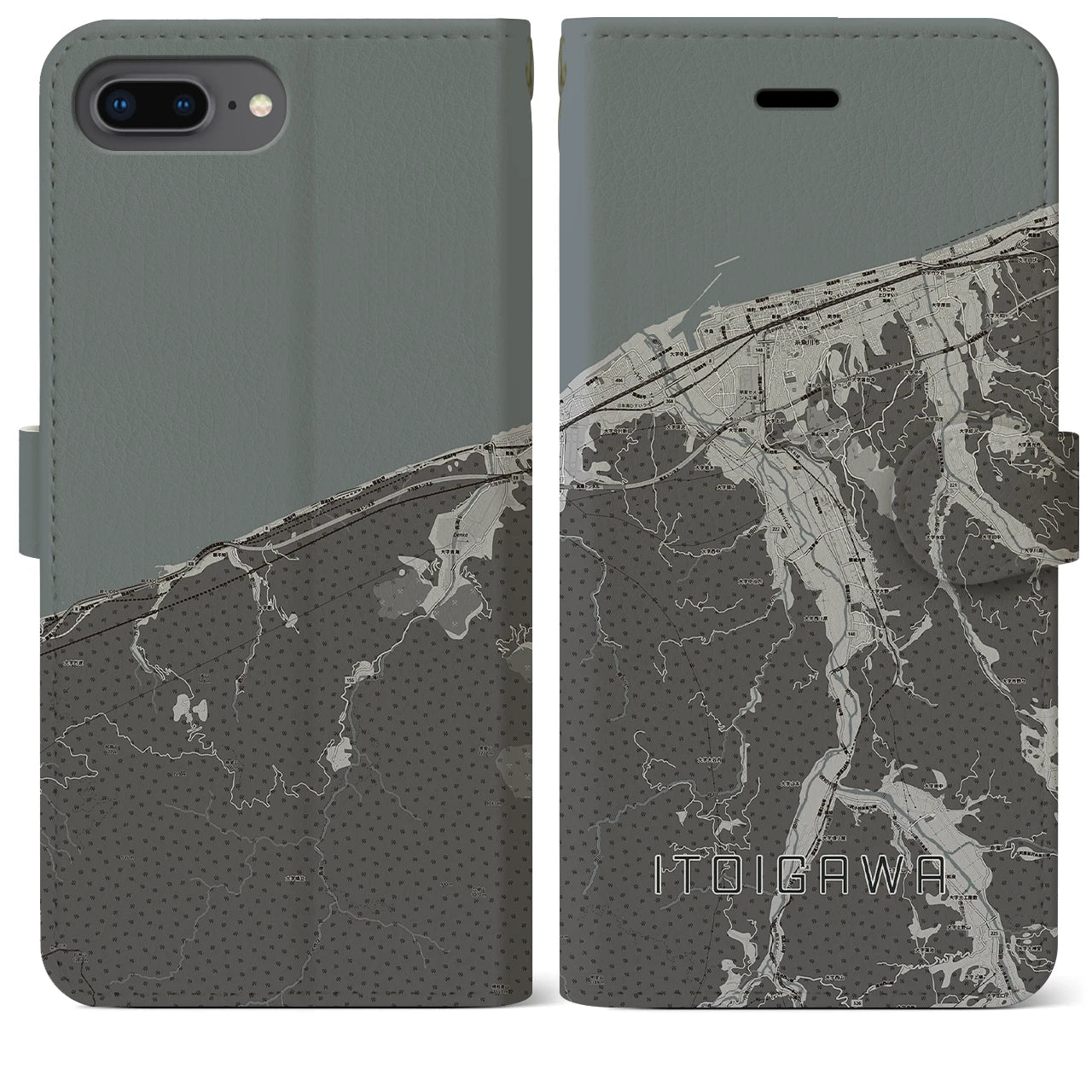 【糸魚川(新潟県)】地図柄iPhoneケース(手帳タイプ)モノトーン・iPhone 8Plus /7Plus / 6sPlus / 6Plus 用