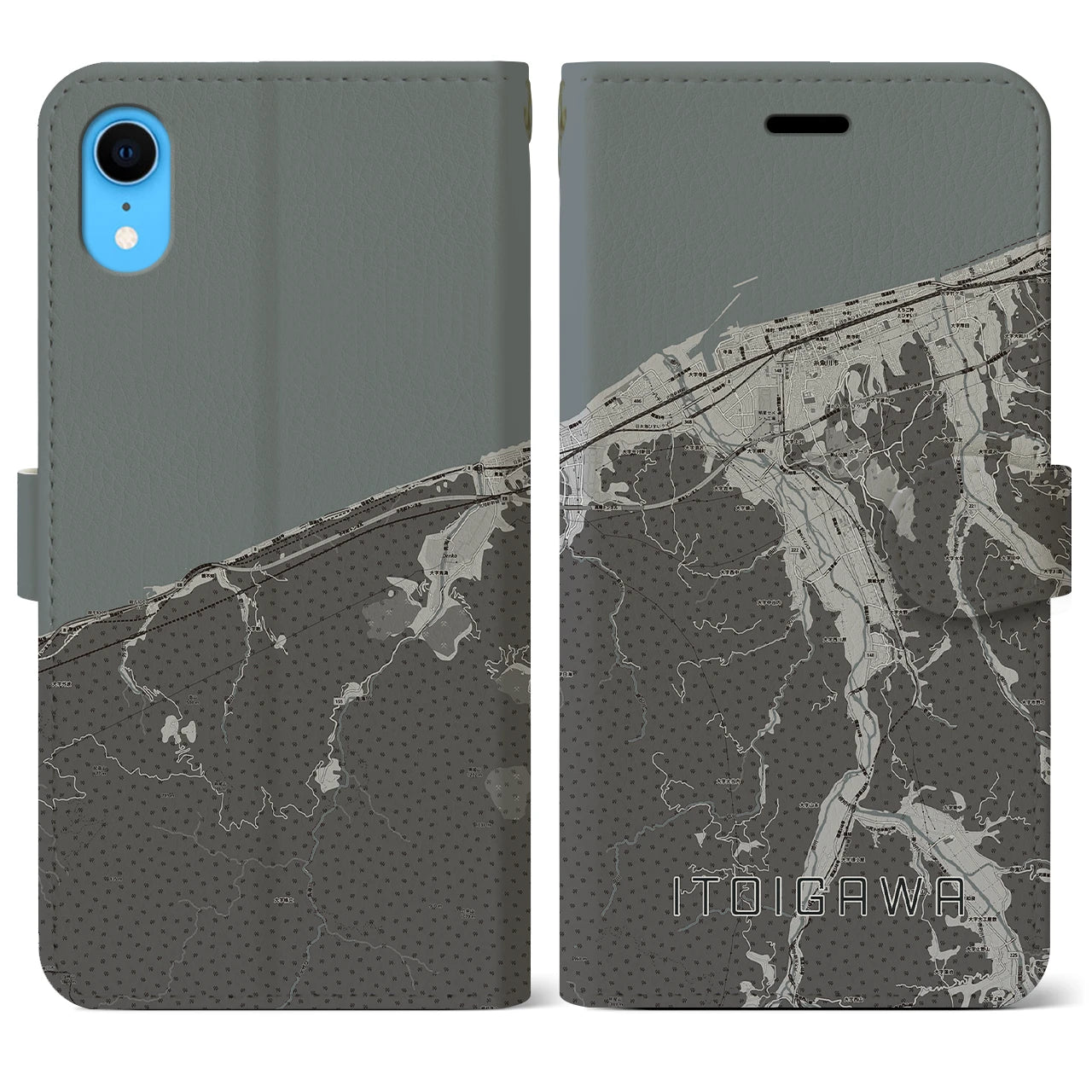 【糸魚川(新潟県)】地図柄iPhoneケース(手帳タイプ)モノトーン・iPhone XR 用