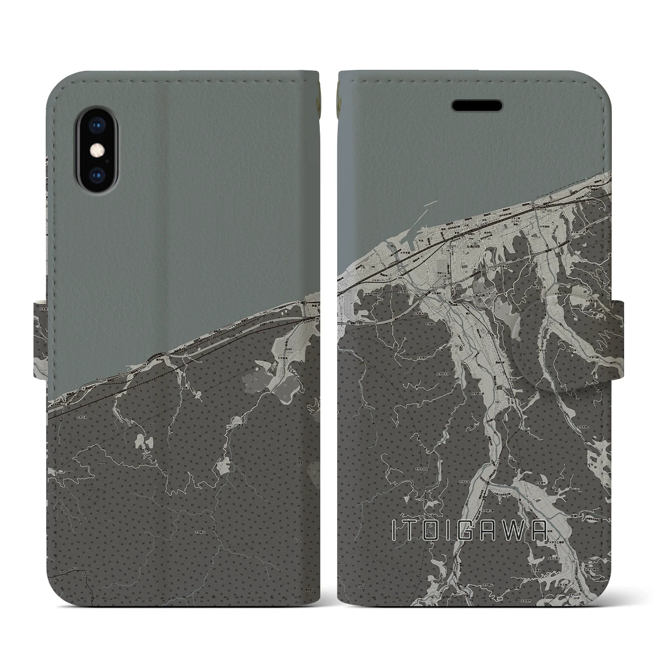 【糸魚川(新潟県)】地図柄iPhoneケース(手帳タイプ)モノトーン・iPhone XS / X 用