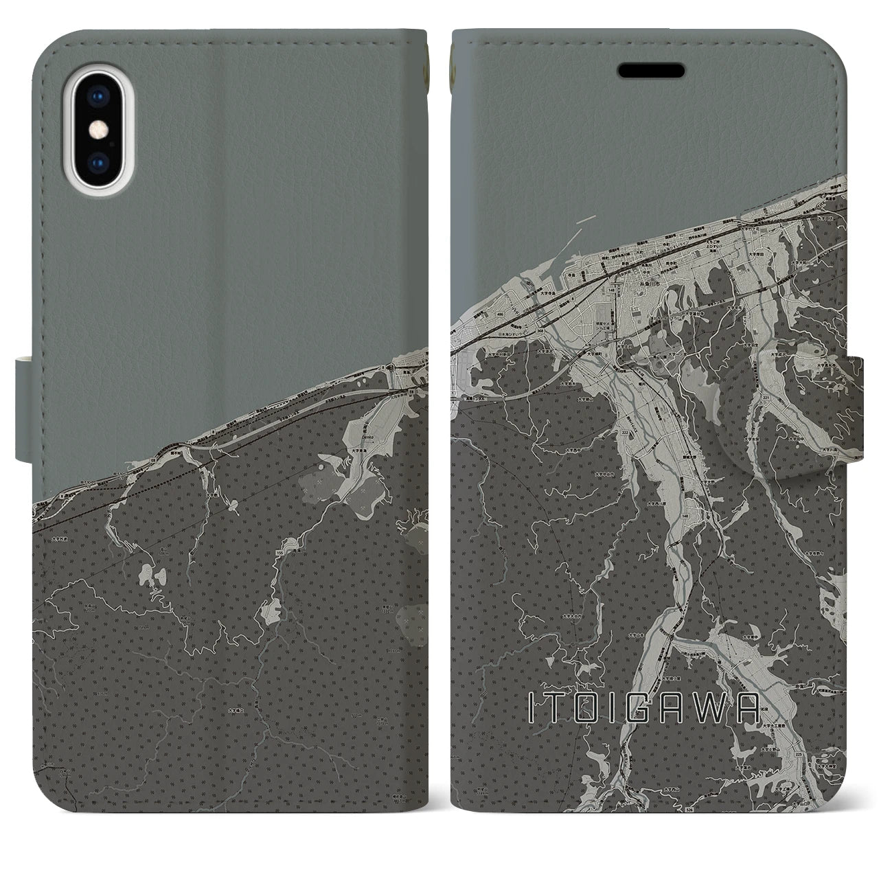 【糸魚川(新潟県)】地図柄iPhoneケース(手帳タイプ)モノトーン・iPhone XS Max 用