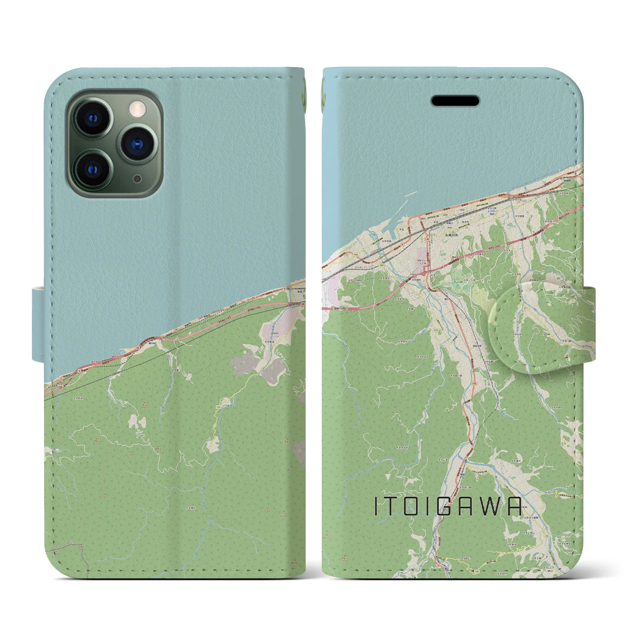 【糸魚川(新潟県)】地図柄iPhoneケース(手帳タイプ)ナチュラル・iPhone 11 Pro 用