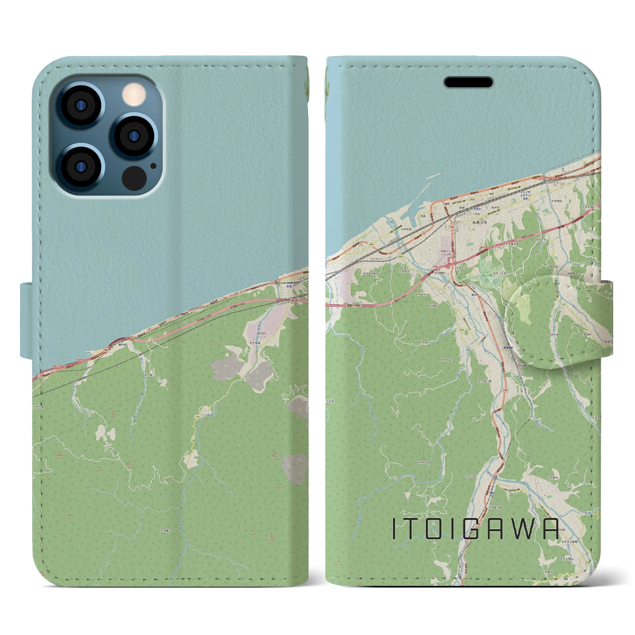 【糸魚川(新潟県)】地図柄iPhoneケース(手帳タイプ)ナチュラル・iPhone 12 / 12 Pro 用