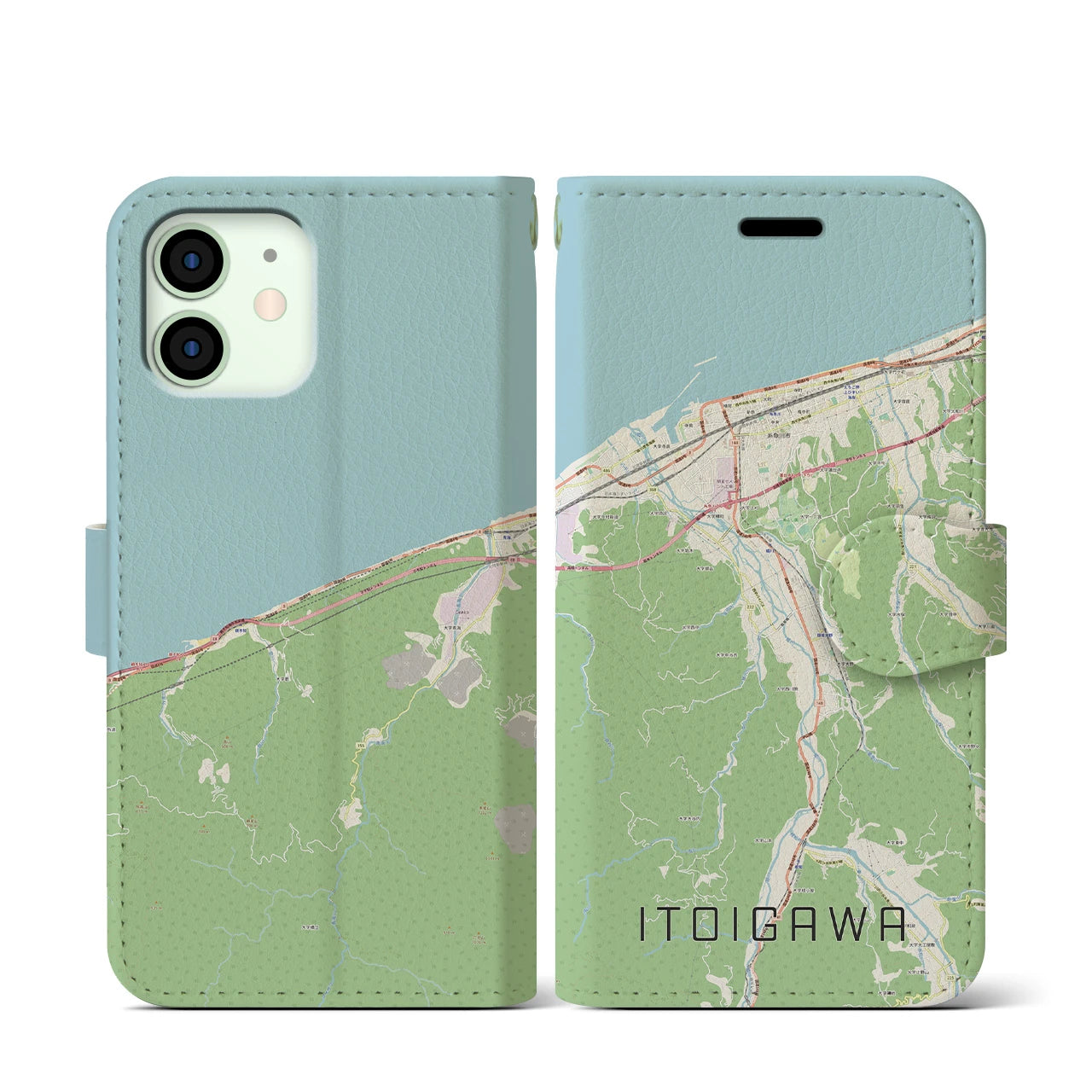 【糸魚川(新潟県)】地図柄iPhoneケース(手帳タイプ)ナチュラル・iPhone 12 mini 用