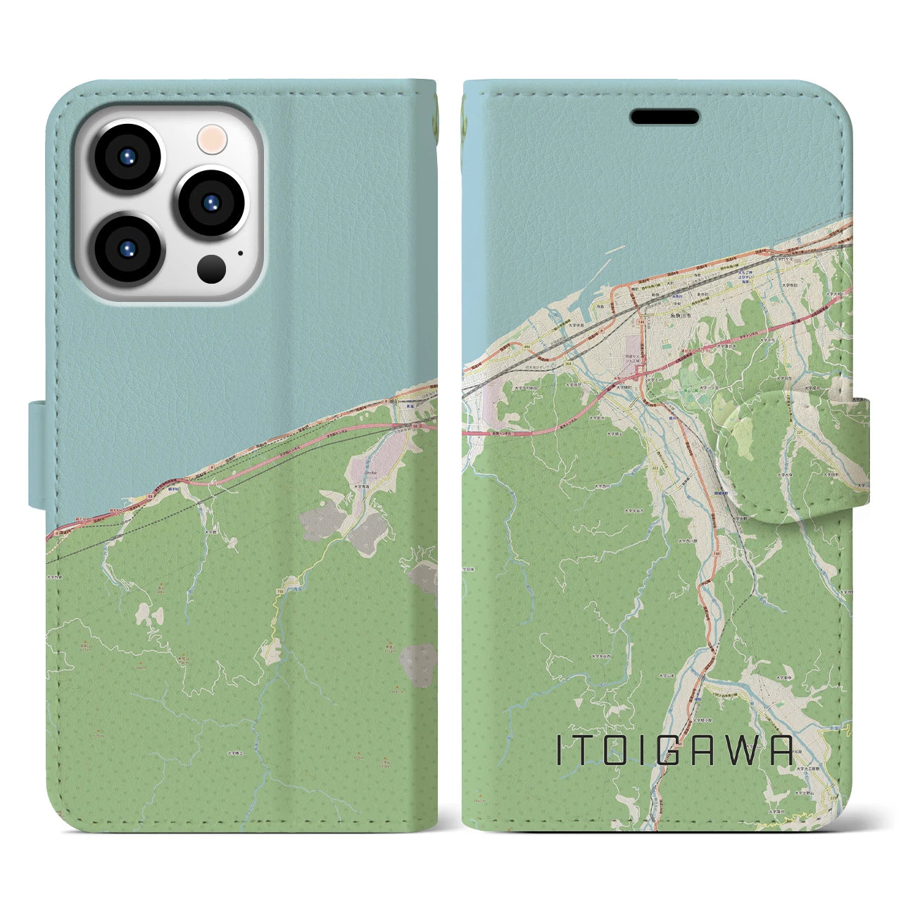 【糸魚川(新潟県)】地図柄iPhoneケース(手帳タイプ)ナチュラル・iPhone 13 Pro 用