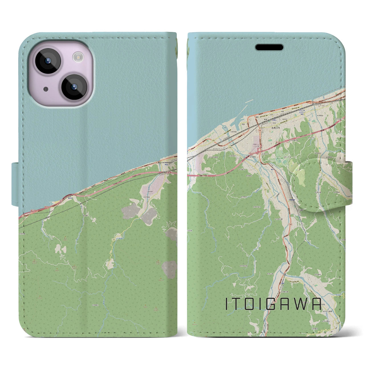 【糸魚川(新潟県)】地図柄iPhoneケース(手帳タイプ)ナチュラル・iPhone 14 用