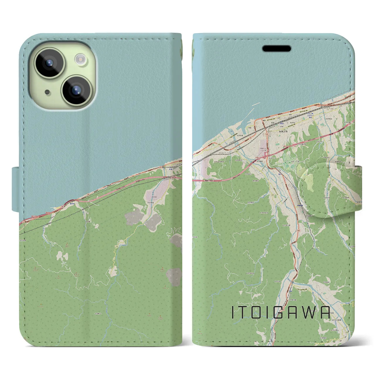 【糸魚川(新潟県)】地図柄iPhoneケース(手帳タイプ)ナチュラル・iPhone 15 用