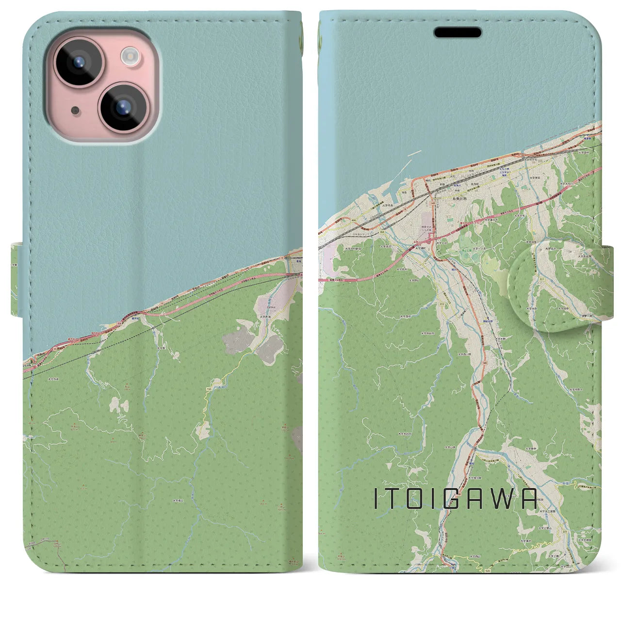 【糸魚川(新潟県)】地図柄iPhoneケース(手帳タイプ)ナチュラル・iPhone 15 Plus 用