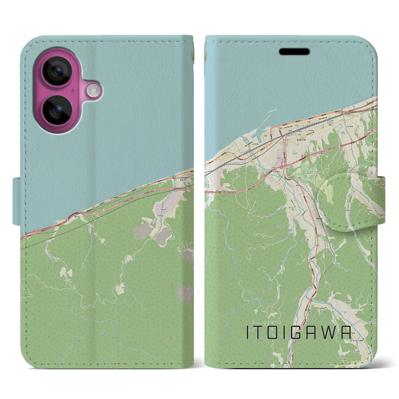 【糸魚川(新潟県)】地図柄iPhoneケース(手帳タイプ)ナチュラル・iPhone 16 Pro 用