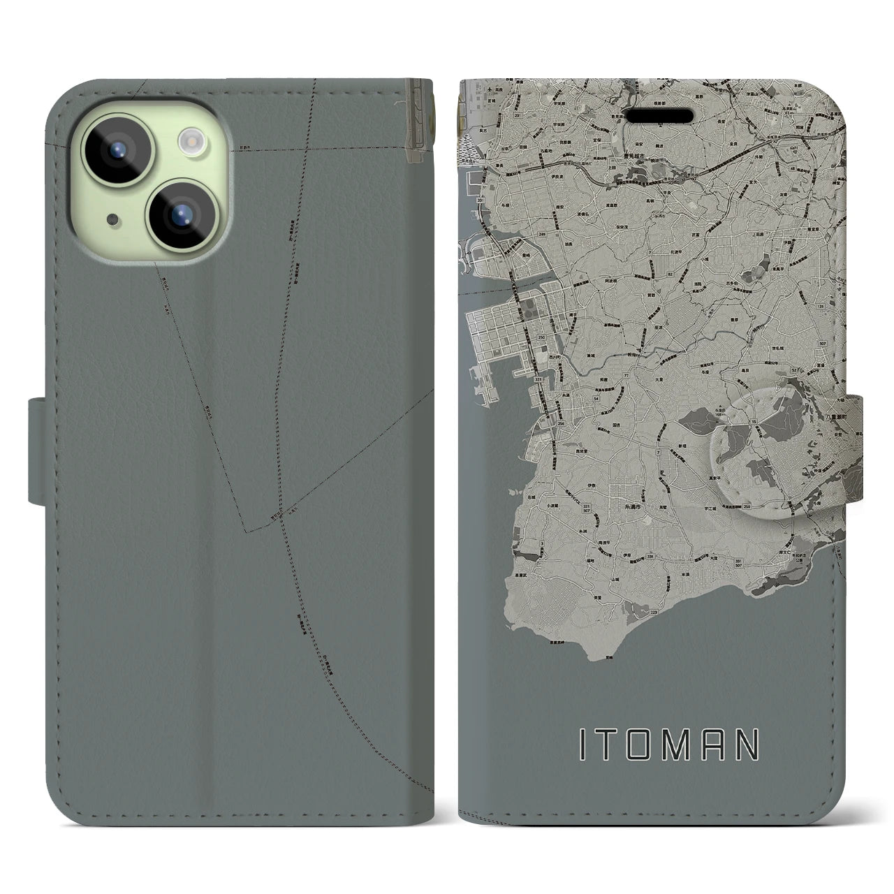 【糸満(沖縄県)】地図柄iPhoneケース(手帳タイプ)モノトーン・iPhone 15 用
