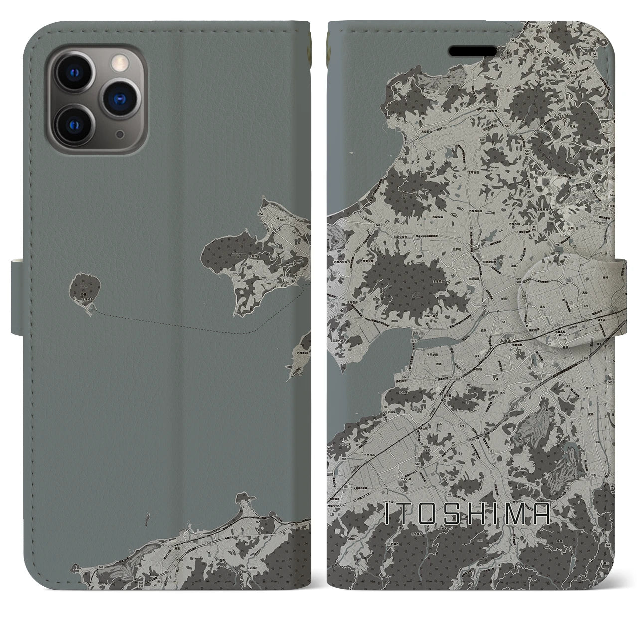 【糸島(福岡県)】地図柄iPhoneケース(手帳タイプ)モノトーン・iPhone 11 Pro Max 用