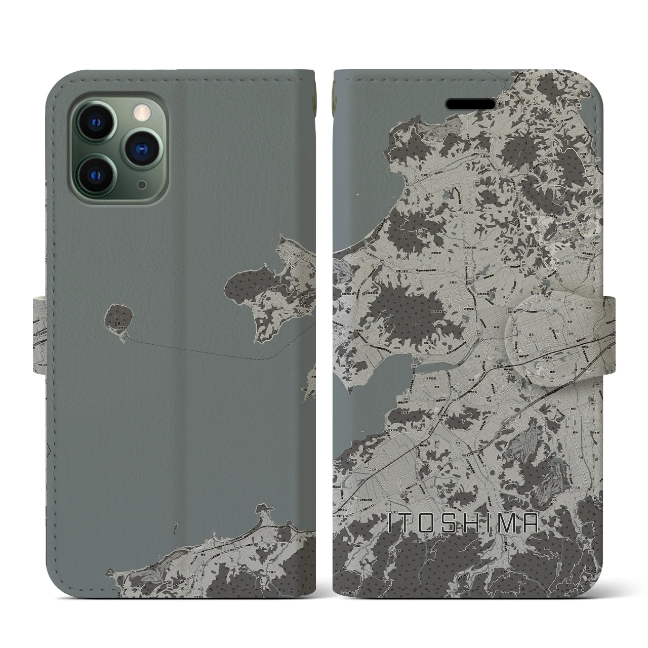 【糸島(福岡県)】地図柄iPhoneケース(手帳タイプ)モノトーン・iPhone 11 Pro 用