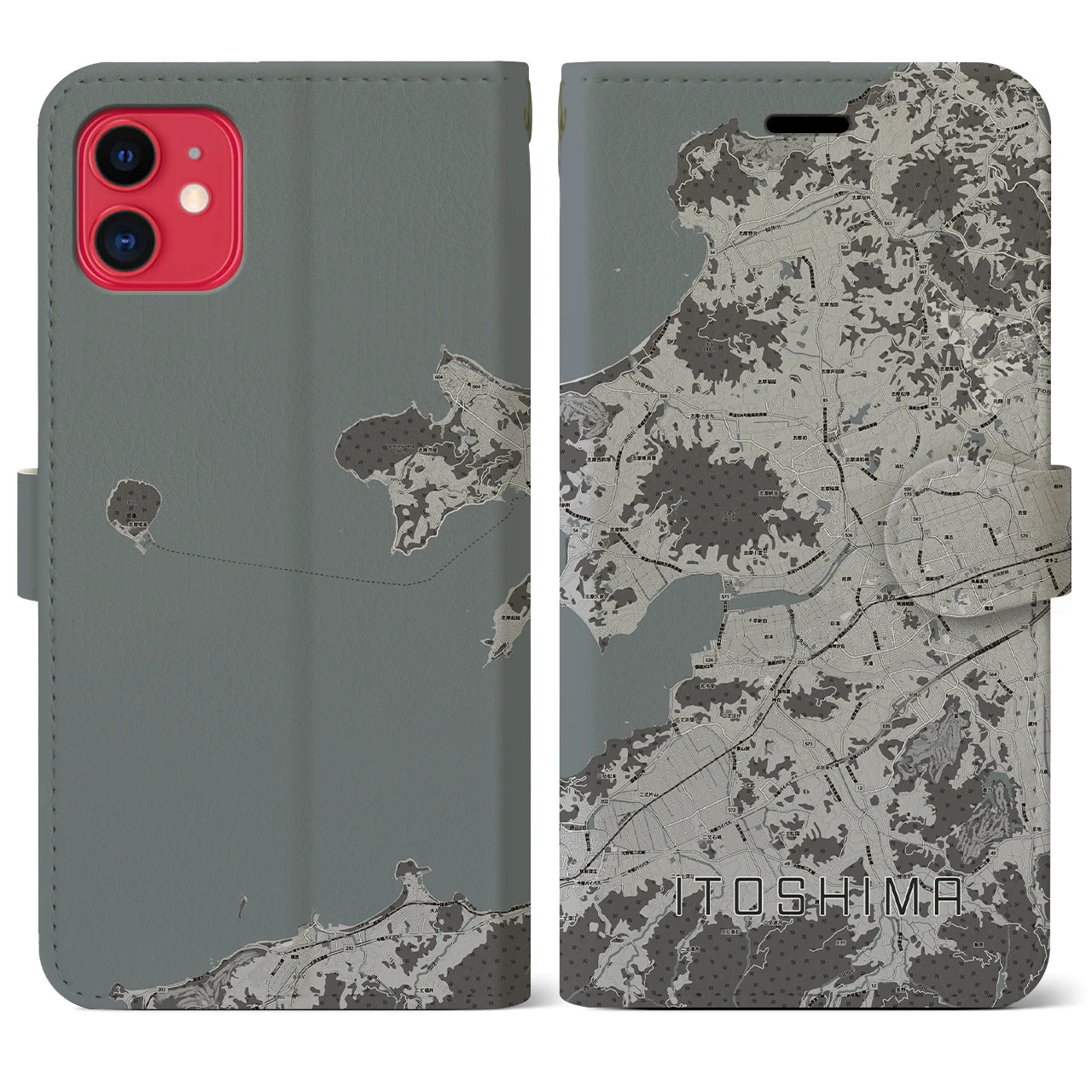 【糸島(福岡県)】地図柄iPhoneケース(手帳タイプ)モノトーン・iPhone 11 用